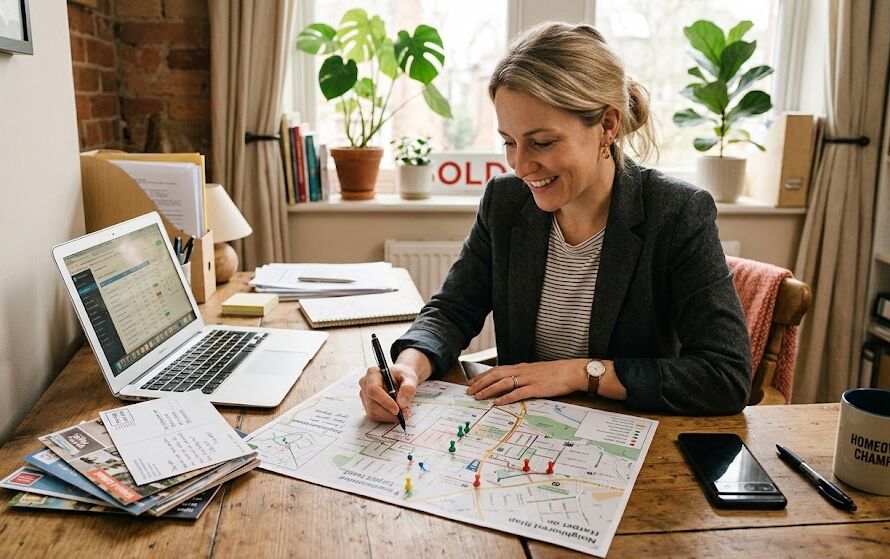 Realtor planning how to get more leads without cold calling using a neighborhood map and mail campaign