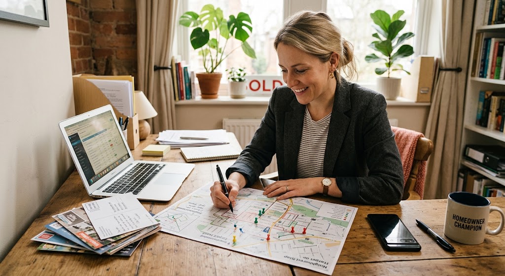 Realtor planning how to get more leads without cold calling using a neighborhood map and mail campaign