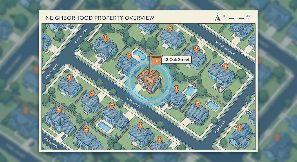 Map showing a circle prospecting radius around a recently sold home