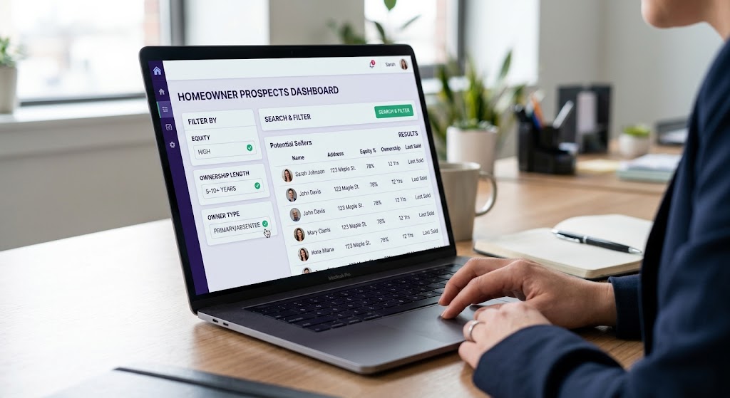 Homeowner data dashboard used to find likely sellers without cold calling