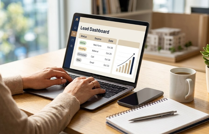 A top-down, shallow depth-of-field shot of hands typing on a laptop displaying a real estate lead dashboard, surrounded by a phone, notebook, coffee mug, and small plant on a light wood desk.