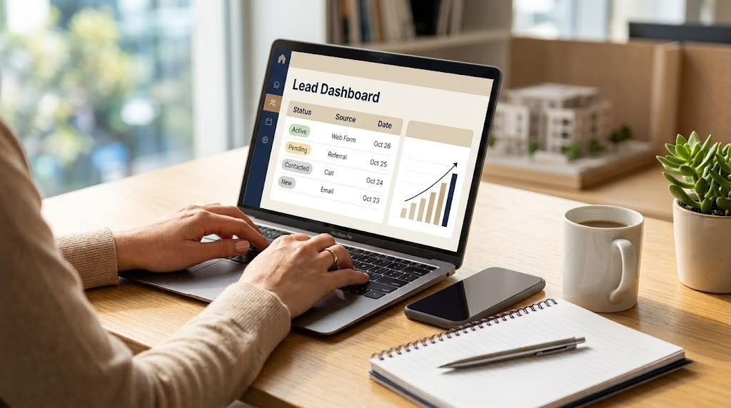 A top-down, shallow depth-of-field shot of hands typing on a laptop displaying a real estate lead dashboard, surrounded by a phone, notebook, coffee mug, and small plant on a light wood desk.