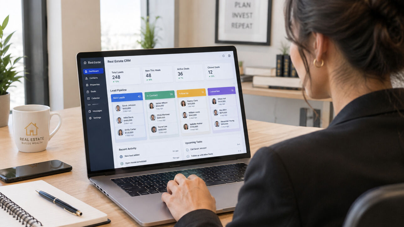 Real estate agent comparing CRM software dashboards on a laptop