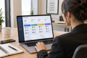 Real estate agent comparing CRM software dashboards on a laptop