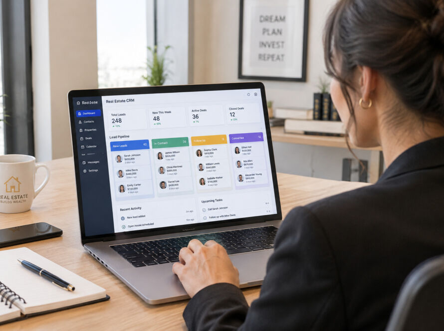 Real estate agent comparing CRM software dashboards on a laptop