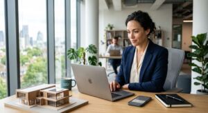 Focused real estate agent intensely analyzing color-coded lead pipeline dashboard on laptop screen in modern office workspace